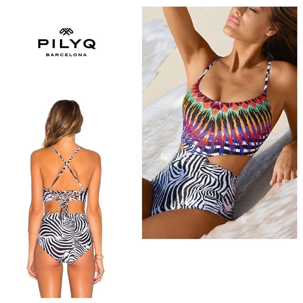 New. Pilyq beaded animal print swimsuit.